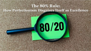Magnifying glass over 80/20 on a sticky note representing the 80% Rule for leaders fighting perfectionism