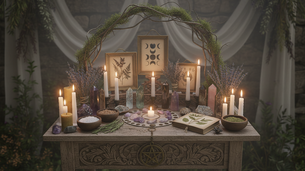 Eye-level view of a small altar with candles, crystals, and natural elements