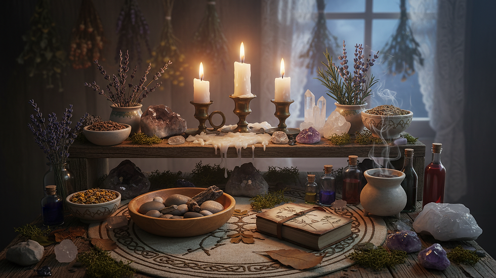 Eye-level view of a small altar with candles, crystals, and natural elements