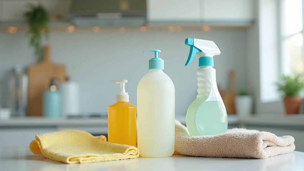 Close-up view of cleaning supplies arranged neatly on a countertop