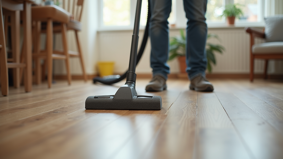 Close-up view of professional cleaner vacuuming hardwood floor after renovation