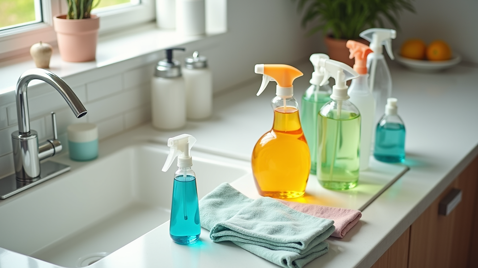 High angle view of cleaning supplies arranged neatly on a kitchen counter