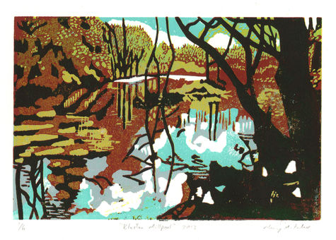 A linocut of a pool surrounded by autumnal trees, with blue sky above reflected in the water. There is a dark silhouetted tree trunk and branches in the foreground to the right.