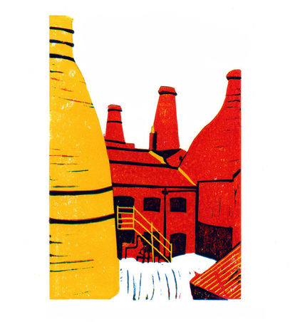 There is the right-hand side of a large bright yellow bottle-shaped kiln taking up the whole of the height  of the image on the left, then red buildings around a white and blue-lined small courtyard, with the tops of three other bottle-shaped kilns showing above against a white sky.