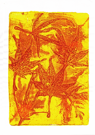 A bright yellow background with orange-brown maple leaves overlaid on it