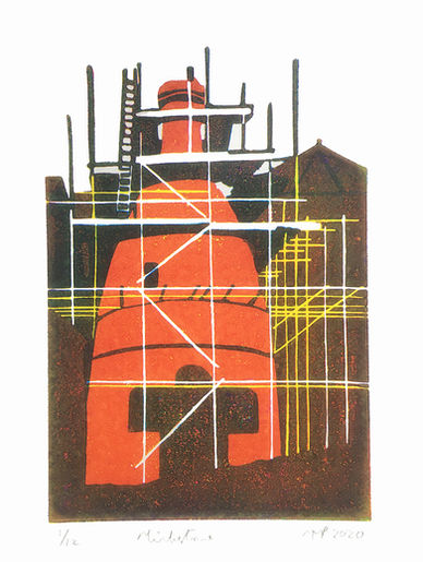 A red-orange bottle shaped kiln covered in yellow scaffolding, backed by rusty brown factory building s and roofs 