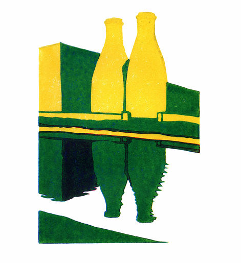 Twin yellow bottle-shaped kilns, reflected in green in the canal water below. There is a green building behind the yellow kilns, sloping downwards from left to right across the image, reflected black beneath, and a diagonally sloping near bank in green across the lower left hand corner.  