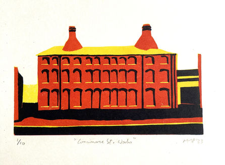 A mainly bright red, broad three-storey factory building, with three horizontal rows of windows filling the face of the building. There are the tops of two bottle kilns sticking out of the roof, one at each end. This is the first of two versions, the other is in earth colours.