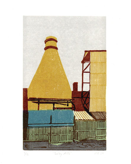 A bottle-shaped kiln in mustard yellow to the left, with the roof of the building behind in red-brown across the centre of the image, with a vertical block of mustard-yellow corrugated metal on the right almost as high as the kiln, which is on the front of a high shed structure.
Along the front, below these structures, is a wooden fence in sage green, and at the bottom a line of mid-grey broken concrete. There is a high level of line detail on the corrugated metal and the fencing.