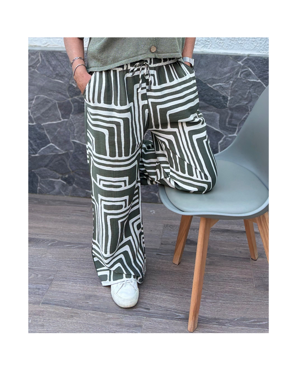 Pantalón LINOTO: diseño geométrico verde oliva, moda TOPIXMODA