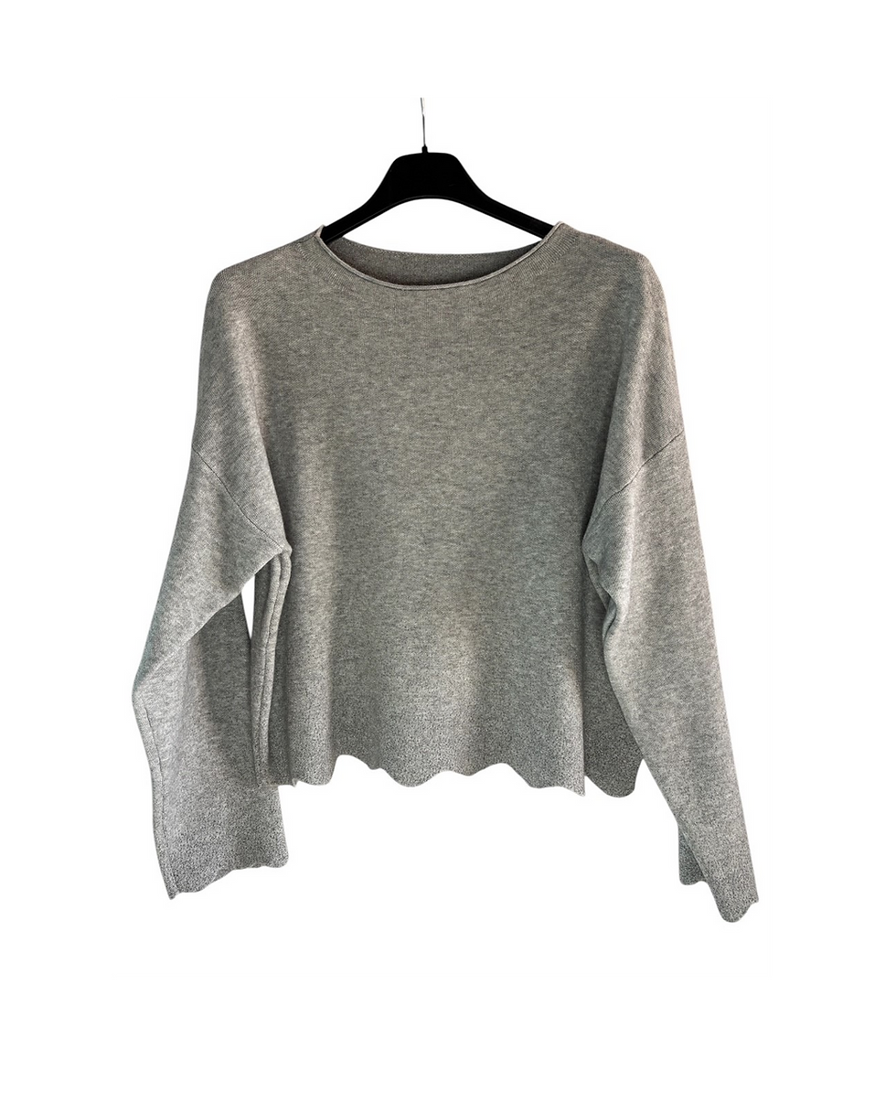 Suéter gris claro, cuello redondo, manga larga, TOPIXMODA