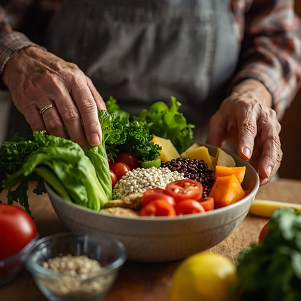 Hands arranging a colorful salad bowl with lettuce, beans, tomatoes, and grains on a wooden table. Cozy, kitchen setting.