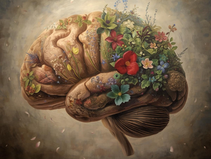 Image of a brain with flowers and plants emerging from it