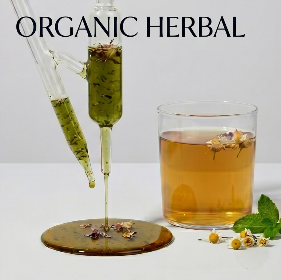 An earthy, botanical setup featuring an intricate glass laboratory-style funnel infusing dark green herbal liquid, which pool