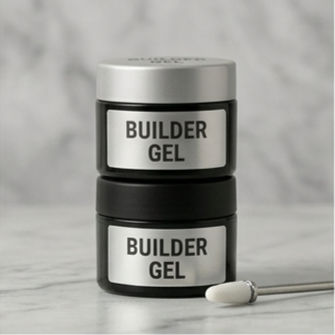 A white Hybrid Gel tube next to a clear pack of Dual Forms; two stacked silver and black Builder Gel jars; and two earth-toned Bio Gel jars accented with white polished stones.