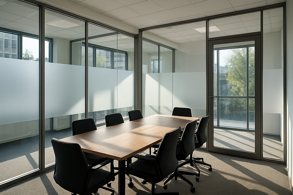 Modern office meeting room with full-height glass partitions featuring frosted privacy bands, natural light, and a wooden conference table with black chairs.