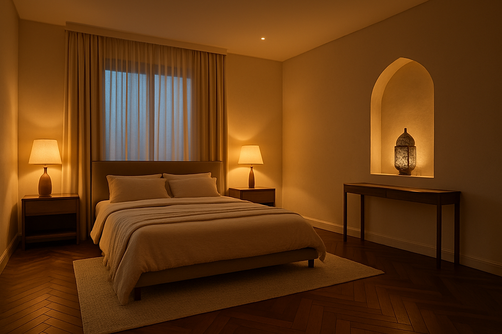 Luxury Dubai bedroom with herringbone parquet wood flooring and ambient lighting