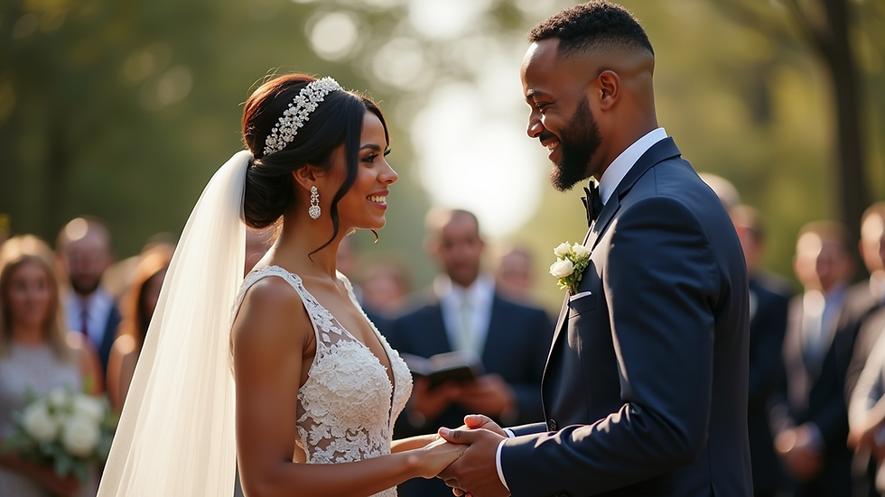 Eye-level view of a diverse couple exchanging vows during an inclusive wedding ceremony