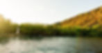 Scenic shoreline with green trees, a white monument, and a sunlit hillside above calm ocean waters.