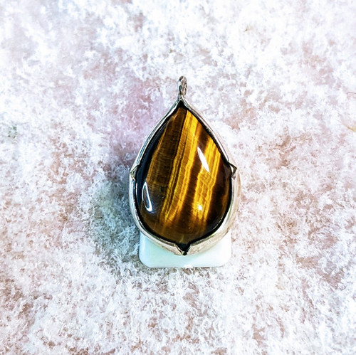 Pendentif Ancien En Œil De Tigre Et Argent 835 - Bijou Vintage Long - Occasion