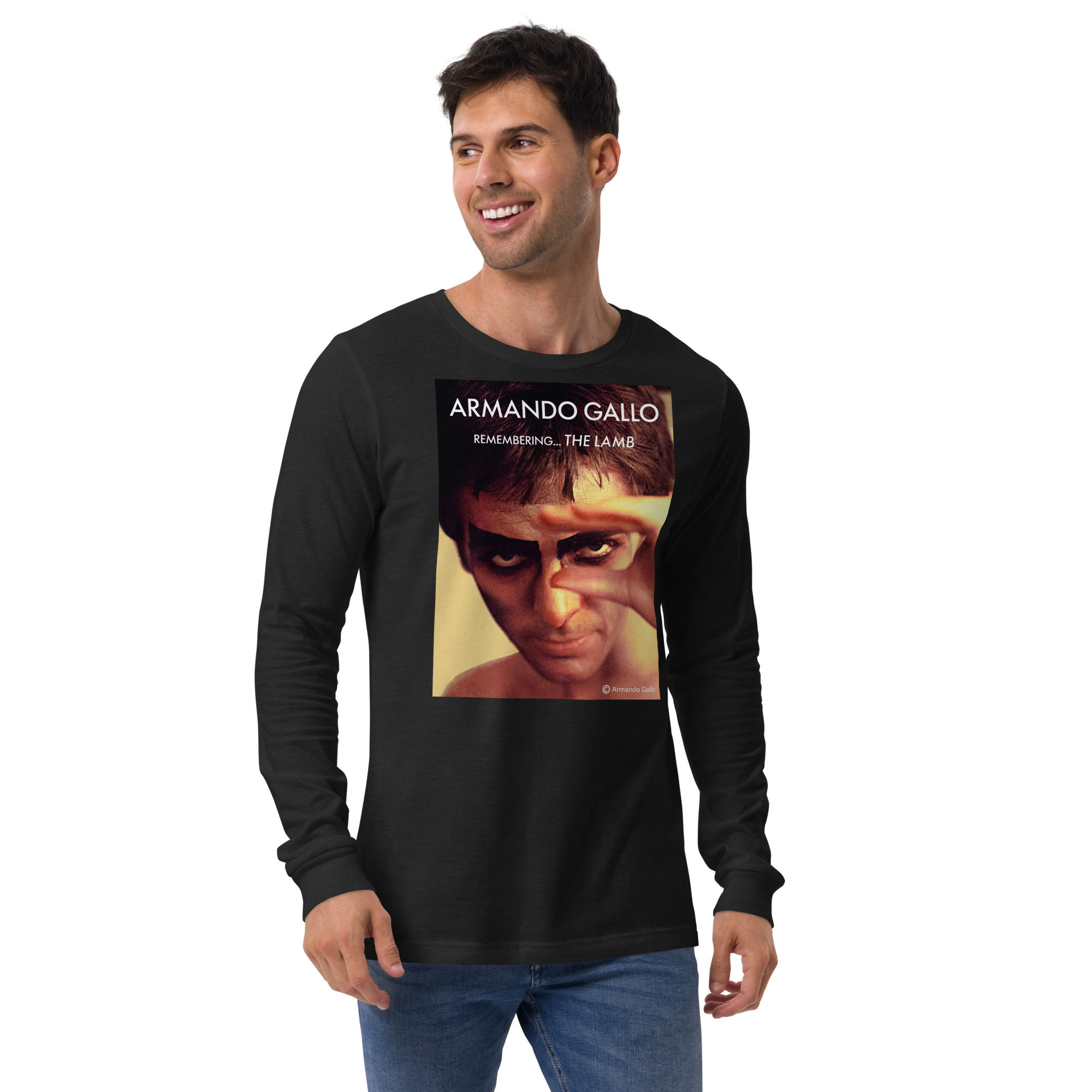 Black Long Sleeve T-Shirt Front |  https://www.armandogallo.net/product-page/unisex-long-sleeve-t-shirt-remembering-the-lamb