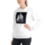 woman wearing white hooded sweatshirt front with black square and stage lights on rock band in the center