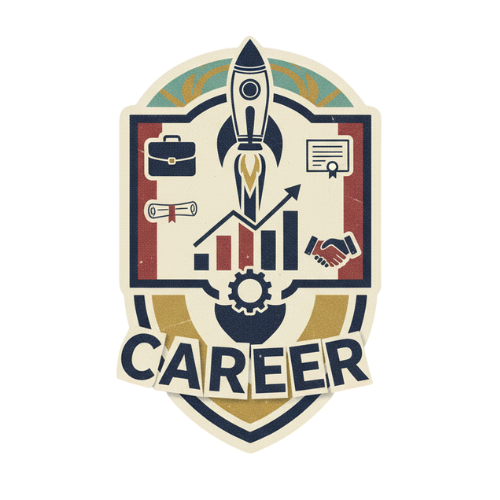 Emblem with a rocket, handshake, and career icons labeled “Career,” representing professional growth opportunities in volunteer management.