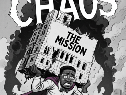 Illustration of an overworked nonprofit employee in a superhero cape struggling to carry a collapsing building labeled “The Mission,” symbolizing burnout and hero culture in nonprofits.