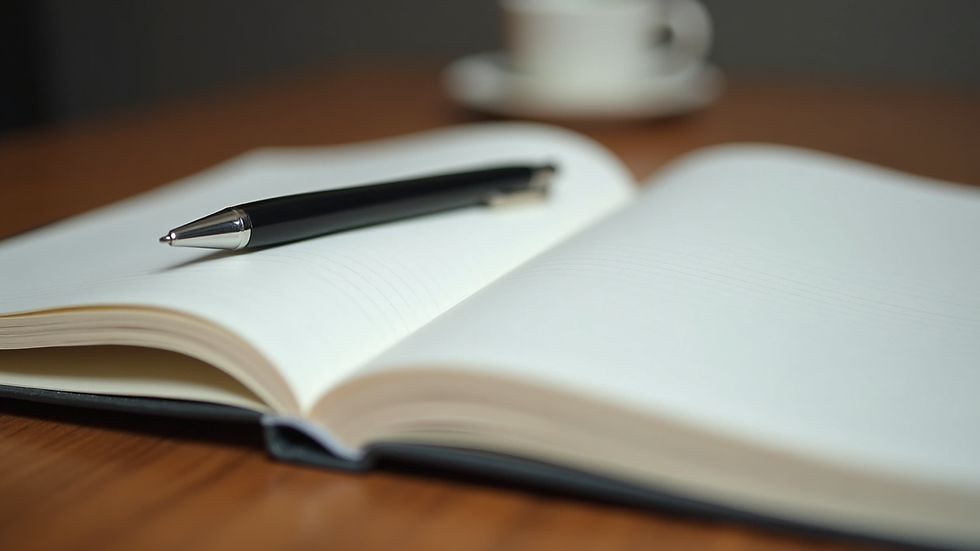 Close-up view of a journal and pen on a wooden table symbolizing reflection and intention setting