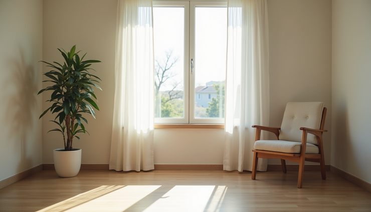 Vista a nivel de ojo de una habitación tranquila con luz natural y una silla vacía frente a una ventana