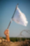A hand raises a white flag on a stick above a dirt wall with barbed wire. The flag is slightly dirty. Clear blue sky in the background.