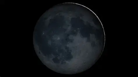 A dark, shadowed moon against a black background, with a thin crescent of light on the right edge, creating a mysterious atmosphere.