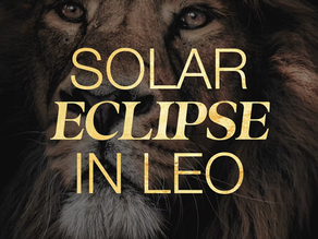 Close-up of a lion’s face with gold text reading Solar Eclipse in Leo and Conversations with The Gods on a dark background.