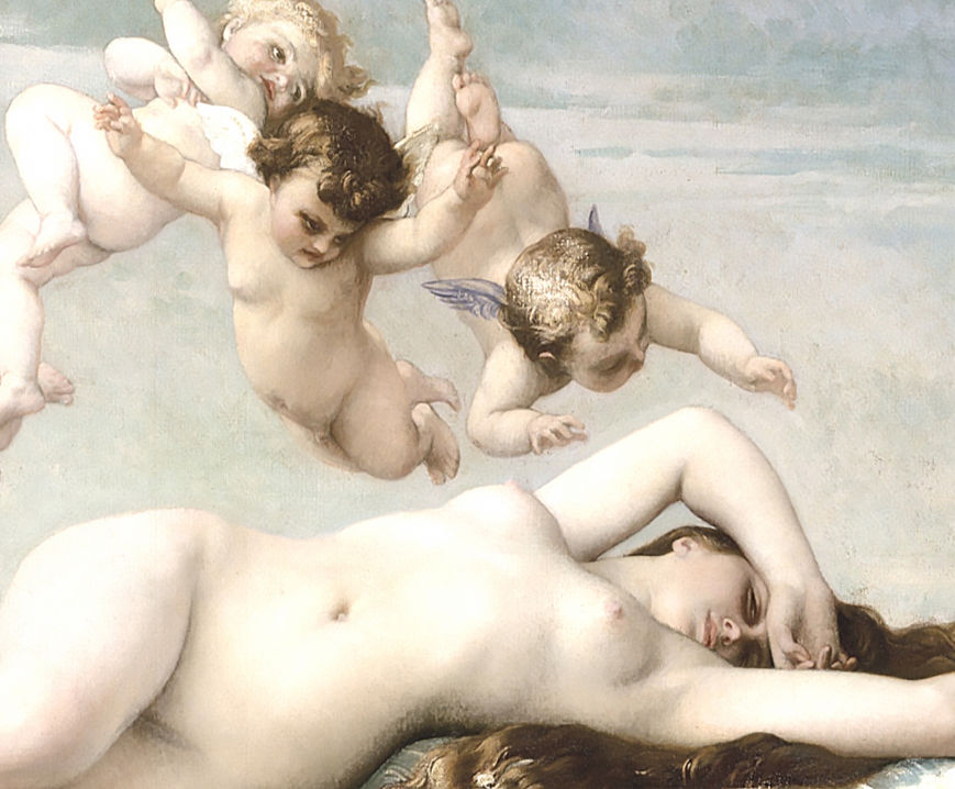 A reclining woman rests with three cherubs playfully flying above her on a soft blue background. The scene evokes serenity and innocence.