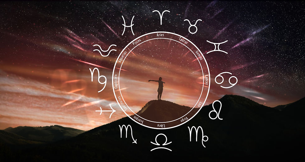 Silhouette of person on hill under starry sky with zodiac signs. Night sky has vivid pink and orange swirls. Mystical and serene mood.