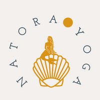 Natora Yoga logo: a mermaid sitting on a seashell, with a sun and moon