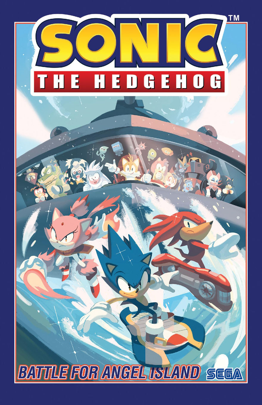 Book cover with large text at the top reading “SONIC THE HEDGEHOG.” Sonic rides a board over curling ocean waves in the foreground, with Blaze flying to the left and Knuckles riding beside him on a red board. In the background, Tails and a group of other characters watch from the windows of a large ship or aircraft. The scene is bright blue and white with splashing water. At the bottom left, the text reads “BATTLE FOR ANGEL ISLAND,” and at the bottom right is the “SEGA” logo.