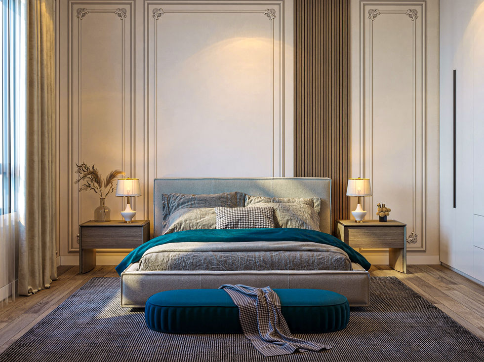 Elegant bedroom with blue accents and soft lighting.