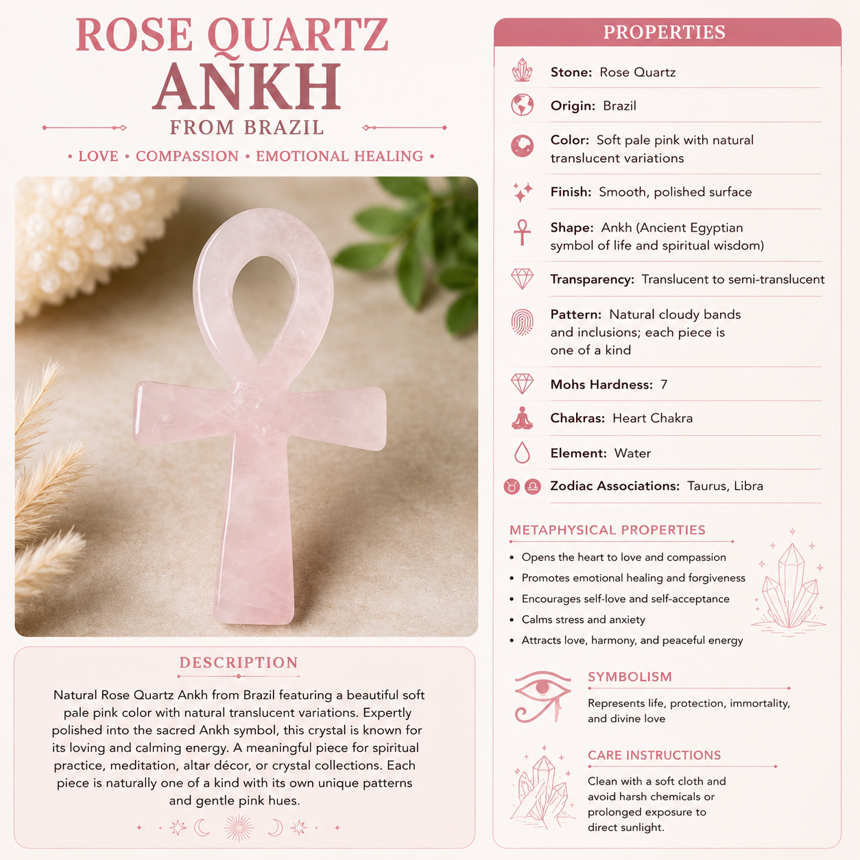 Rose Quartz Ankh - MADAGASCAR