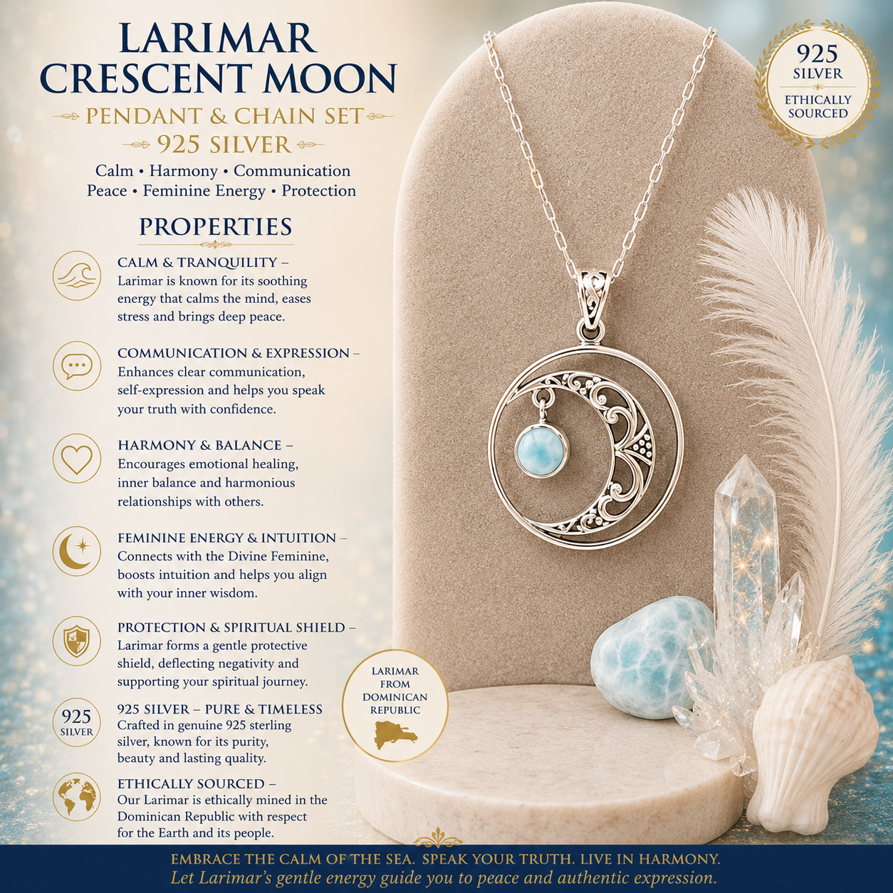 925 Silver Larimar and Crescent Moon Pendant - DOMINICAN REPUBLIC