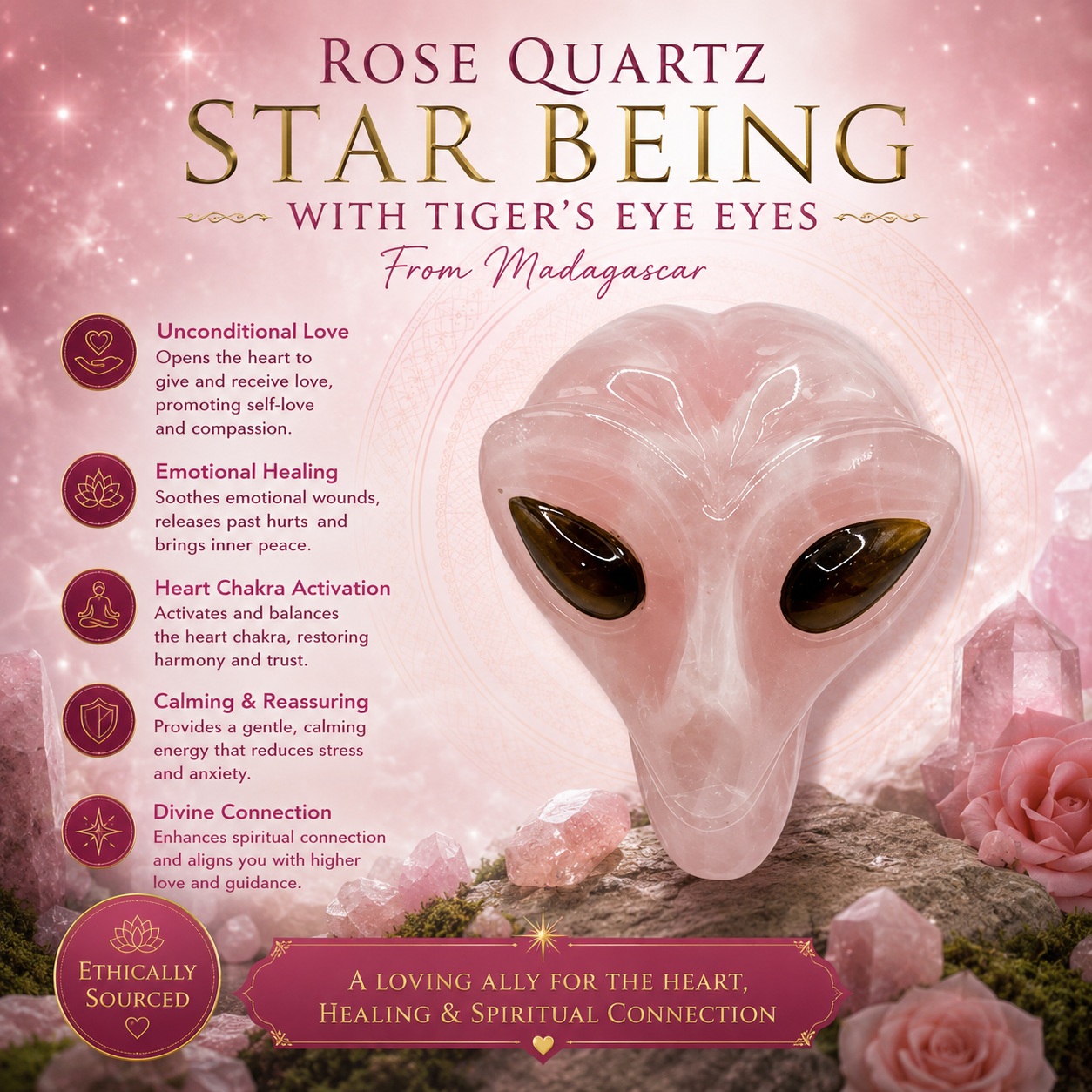Rose Quartz Star Being with Tiger's Eye Eyes (MADAGASCAR)