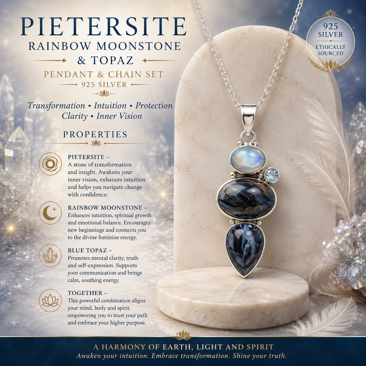 Pietersite, Rainbow Moonstone & Topaz Pendant and Chain Set - 925 Silver