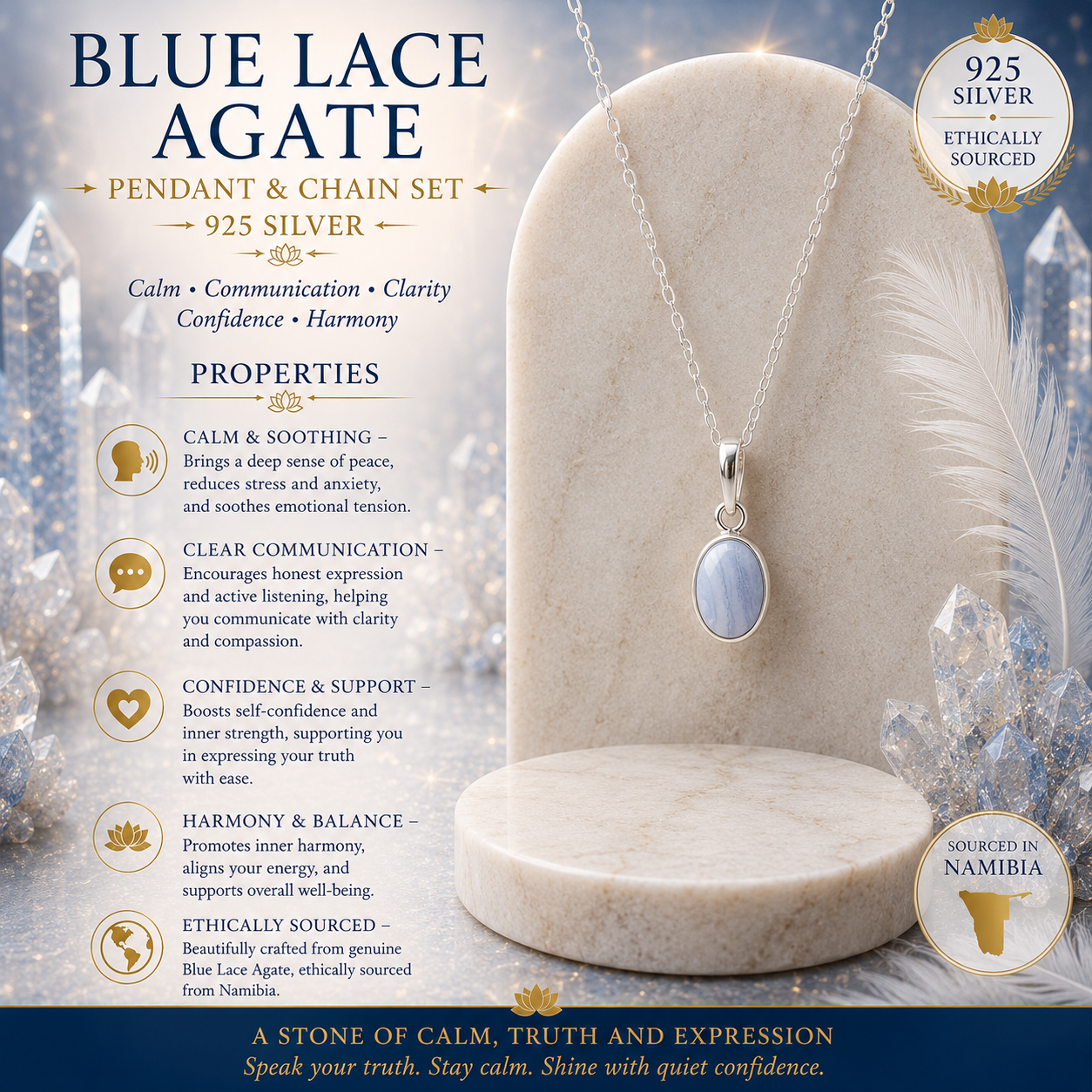 Small Oval Blue Lace Agate Pendant and Chain Set - 925 Silver - NAMIBIA