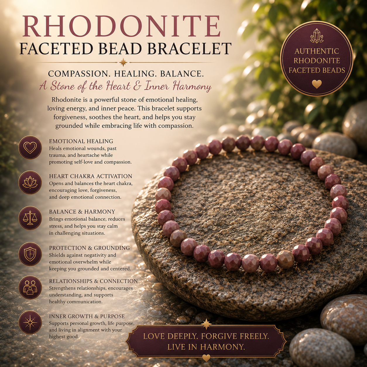 Rhodonite Faceted Bead Bracelet 4mm