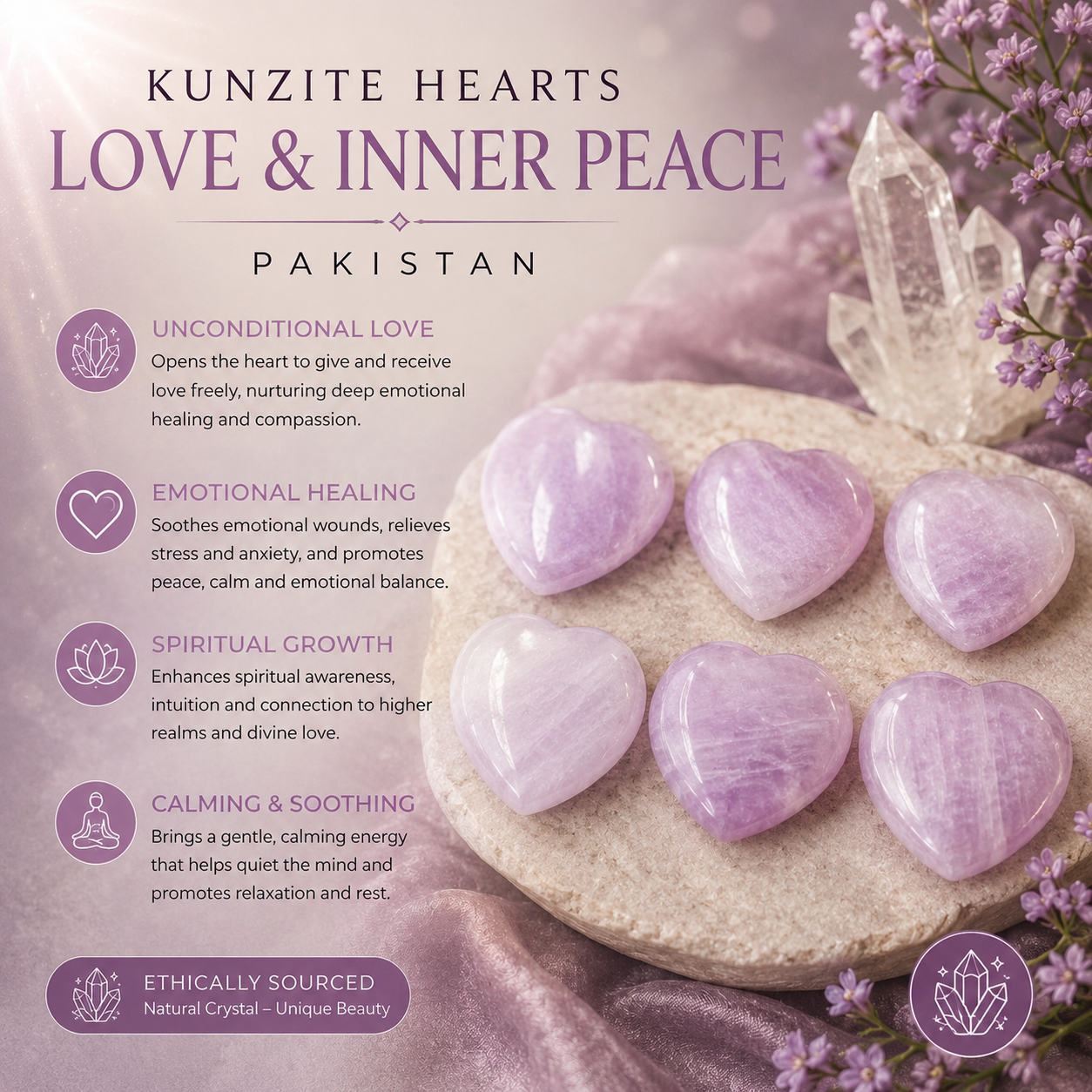 Kunzite Hearts - ONE SUPPLIED - PAKISTAN