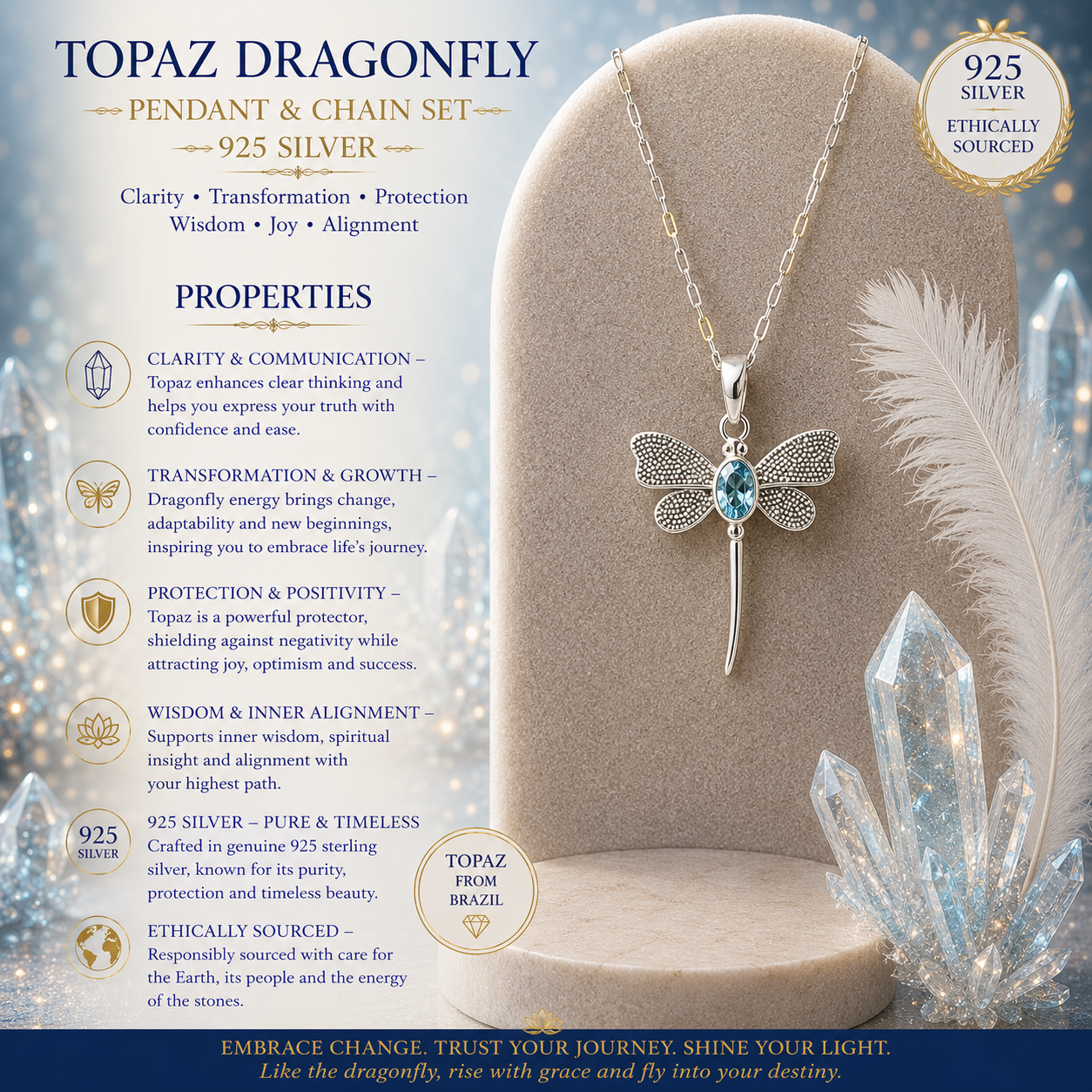 Topaz Dragonfly Pendant - 925 Silver - BRAZIL