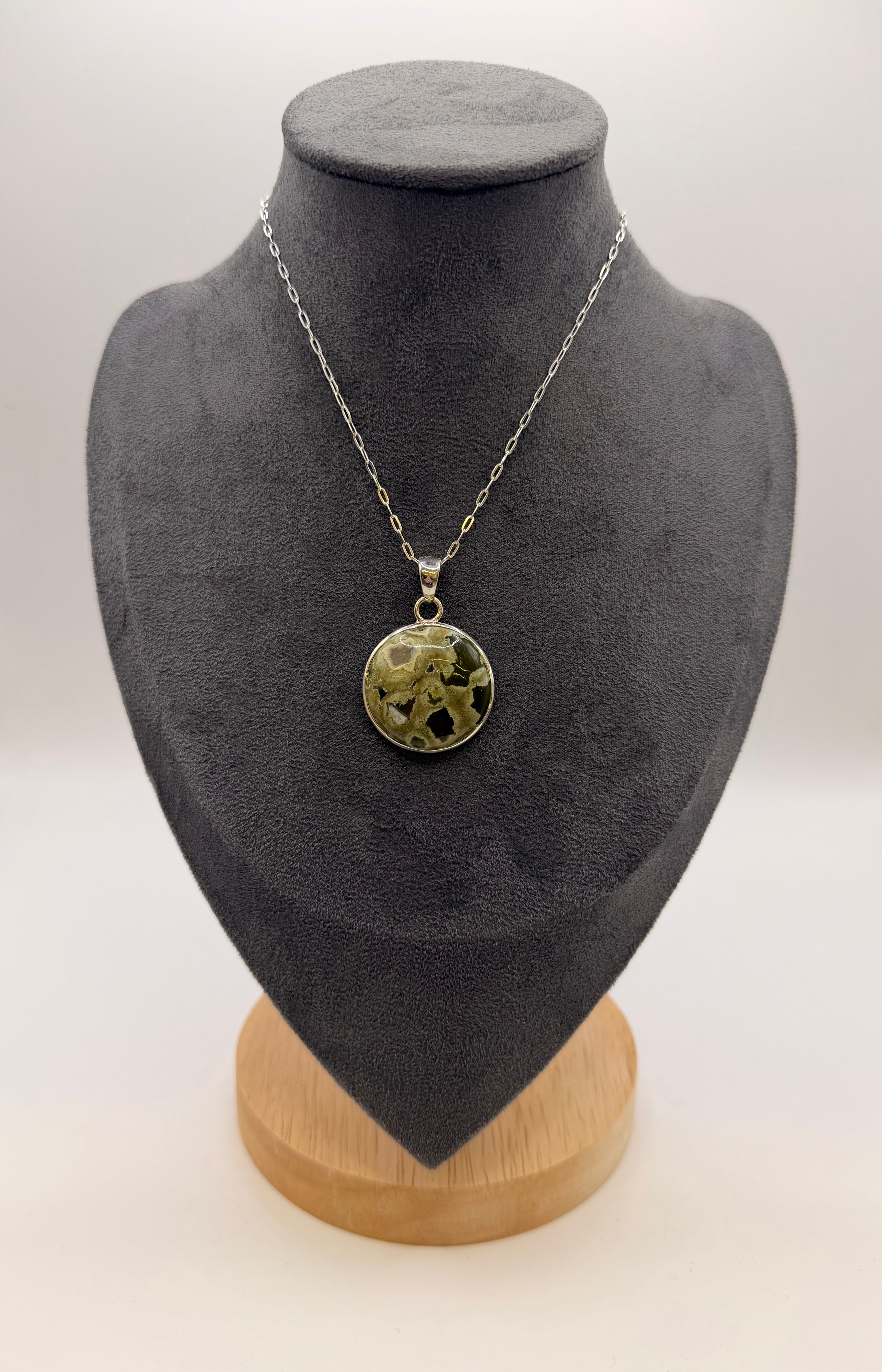 Rainforest Jasper Large Circular Pendant & Chain Set - 925 Silver
