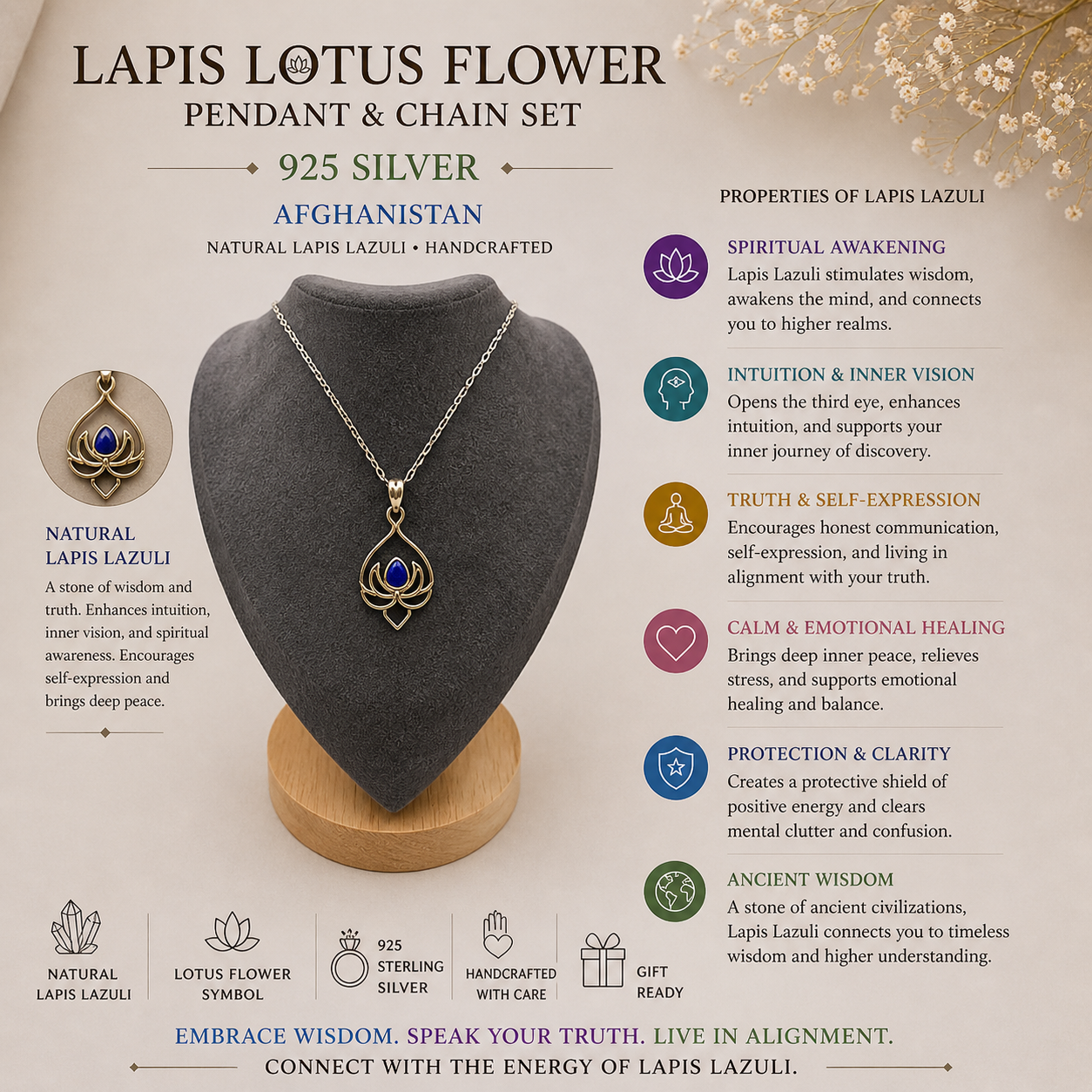 Lapis Lotus Flower Pendant and Chain Set - 925 Silver - AFGHANISTAN