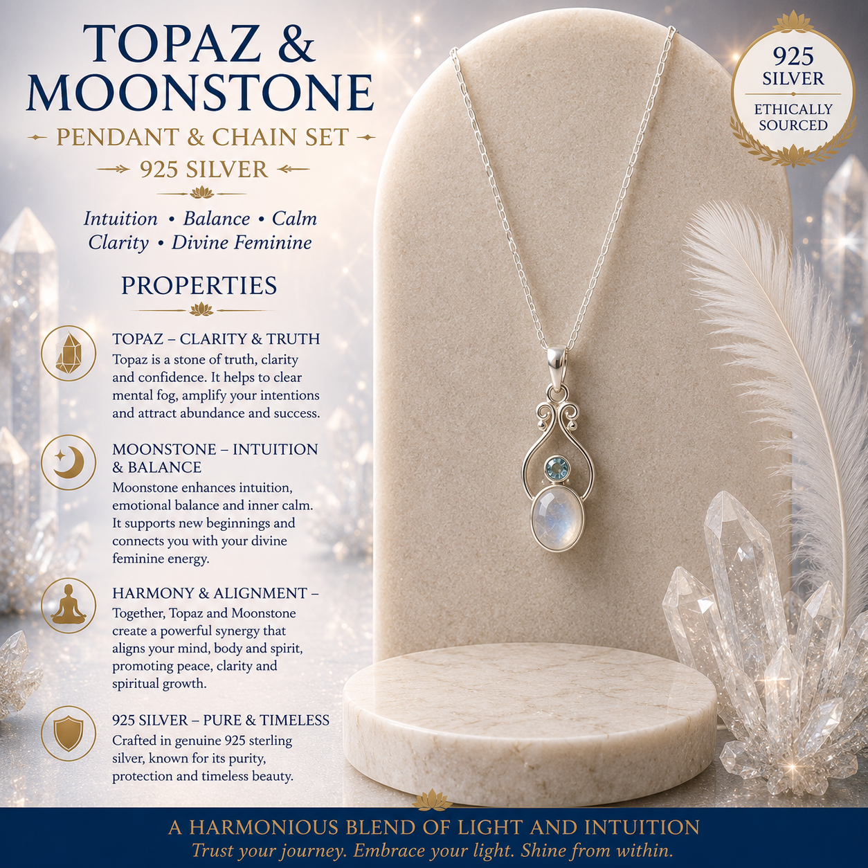 Topaz and Moonstone Pendant and Chain Set - 925 Silver - BRAZIL & INDIA