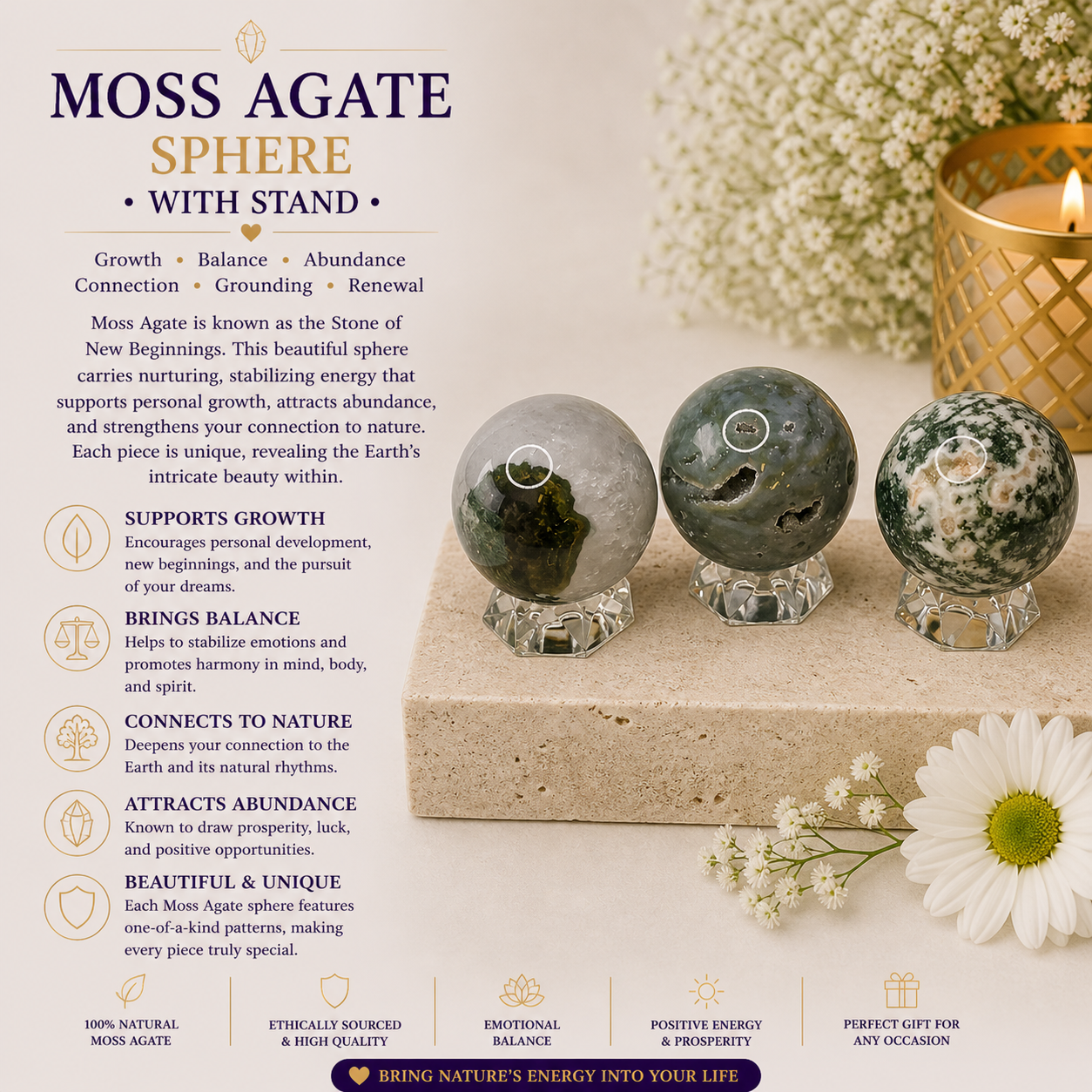 Moss Agate Sphere with Stand (ONE SUPPLIED)